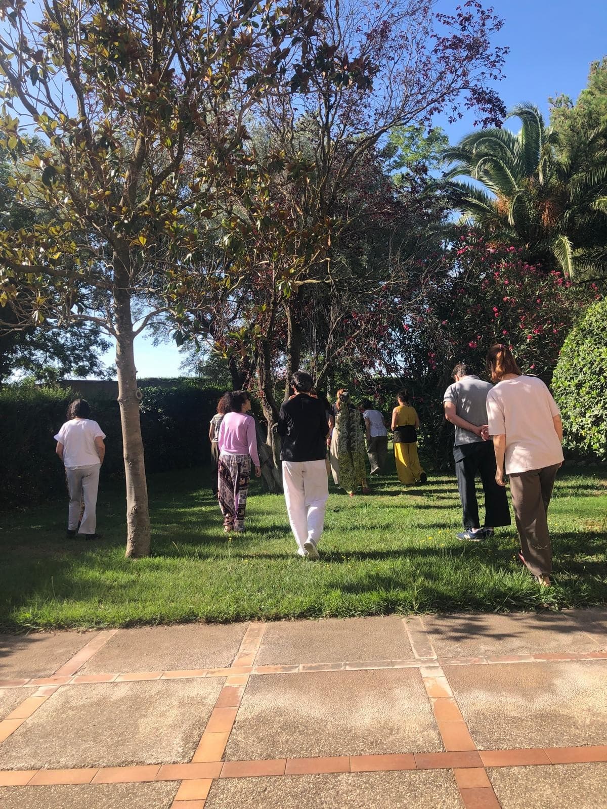 Participantes caminan por un jardín entre la vegetación durante un retiro.